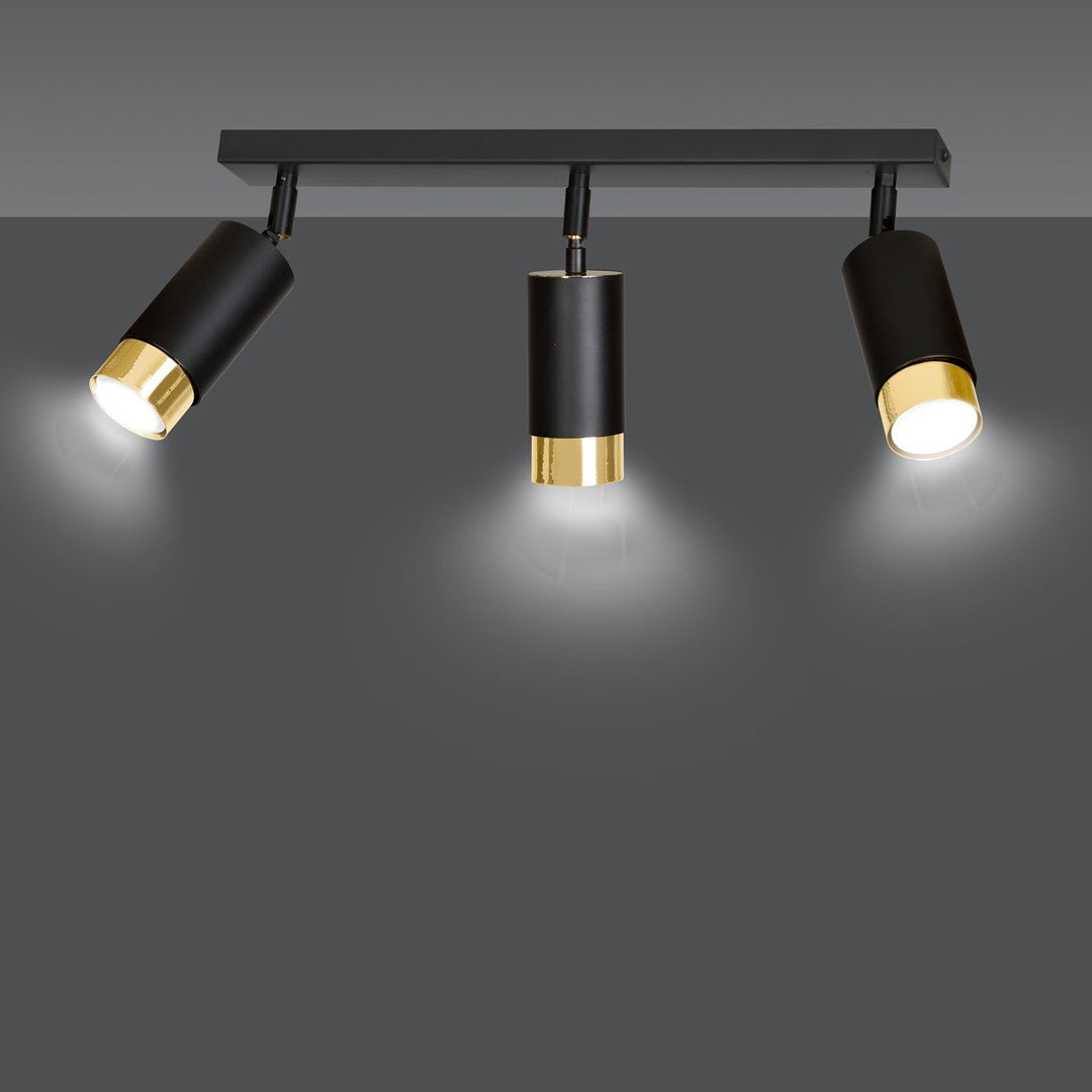 HIRO 3-BL-GOLD Spotlamp – Stijlvolle 3-lichts plafondspot in zwart met gouden accenten voor gerichte sfeerverlichting