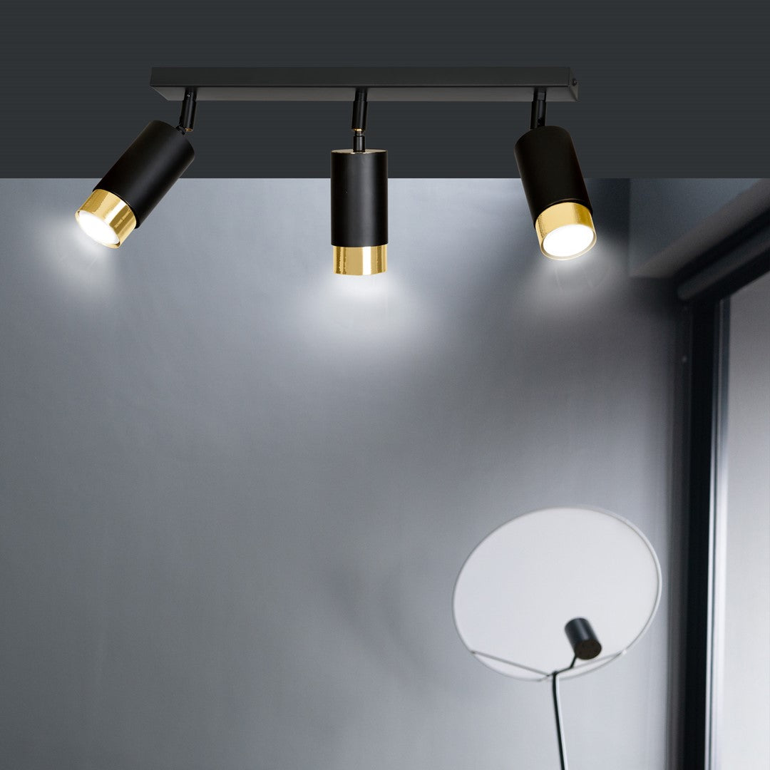 HIRO 3-BL-GOLD Spotlamp – Stijlvolle 3-lichts plafondspot in zwart met gouden accenten voor gerichte sfeerverlichting