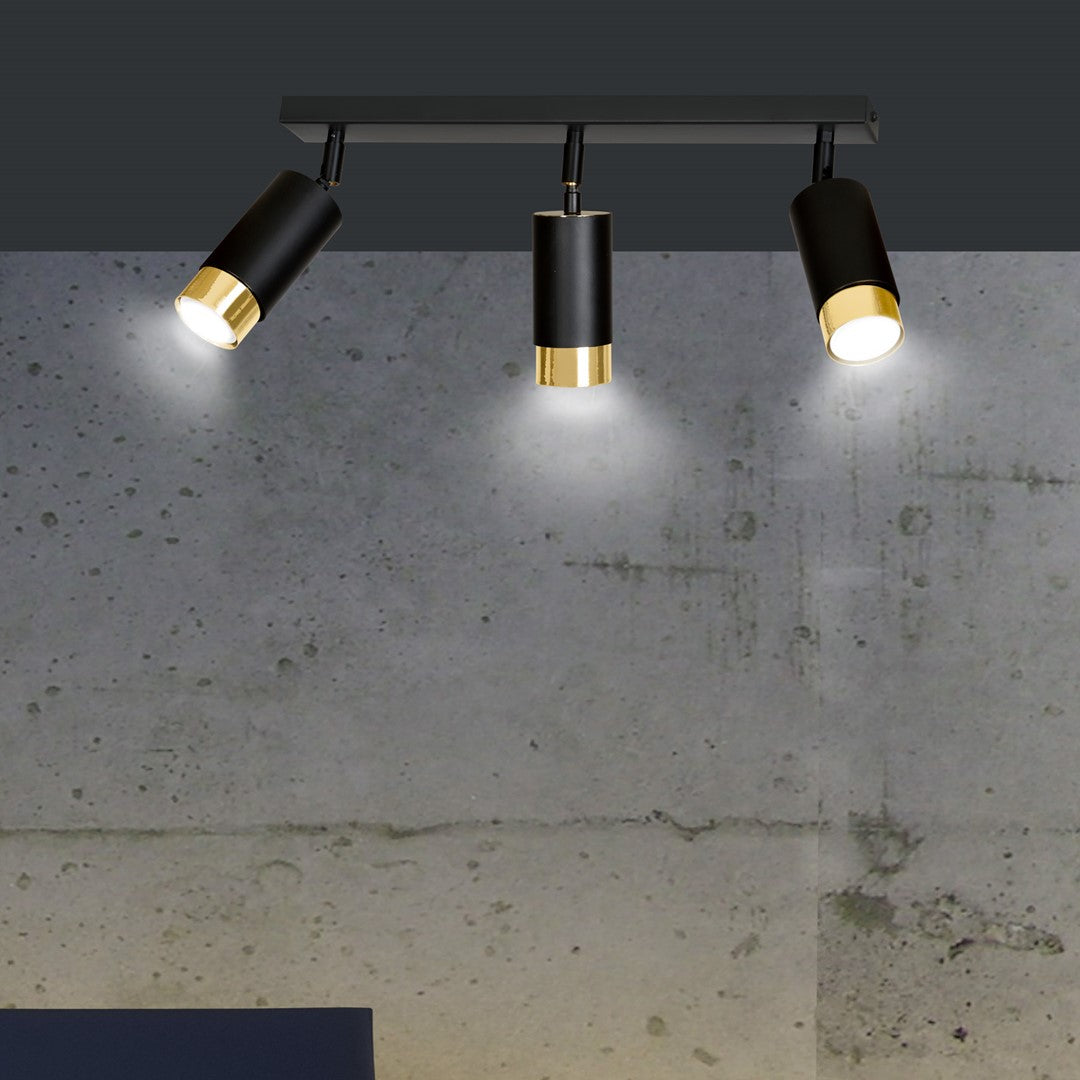 HIRO 3-BL-GOLD Spotlamp – Stijlvolle 3-lichts plafondspot in zwart met gouden accenten voor gerichte sfeerverlichting