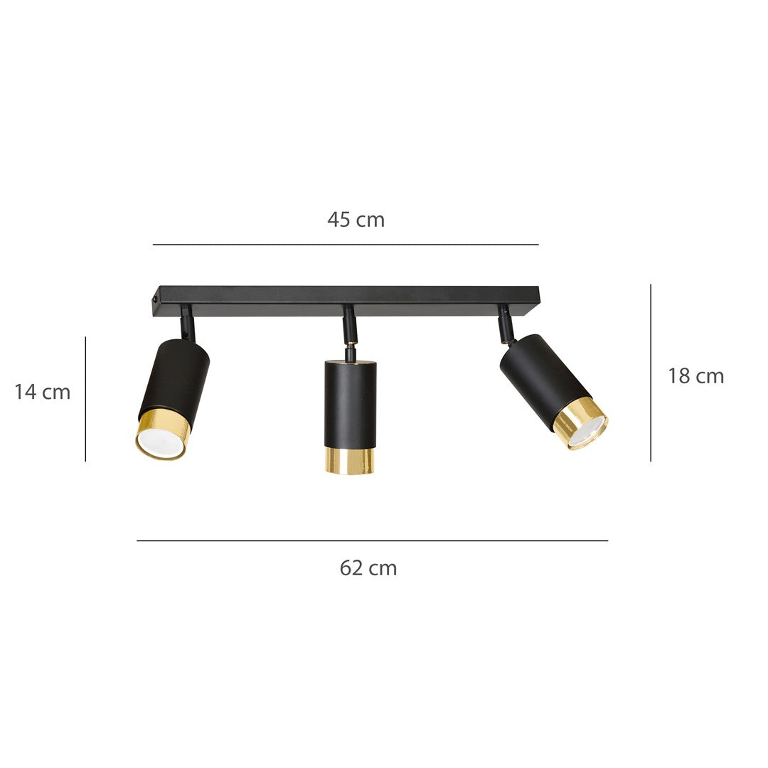 HIRO 3-BL-GOLD Spotlamp – Stijlvolle 3-lichts plafondspot in zwart met gouden accenten voor gerichte sfeerverlichting