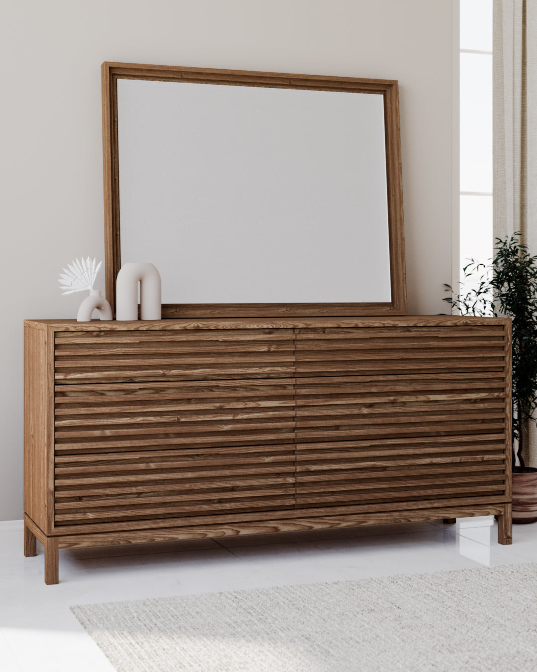 TANNER SIX DRAWER ASH WOOD DRESSER IN ROUX Japandi Stijlvol en Functioneel – Rustgevende Ladekast in Warm Essenhout