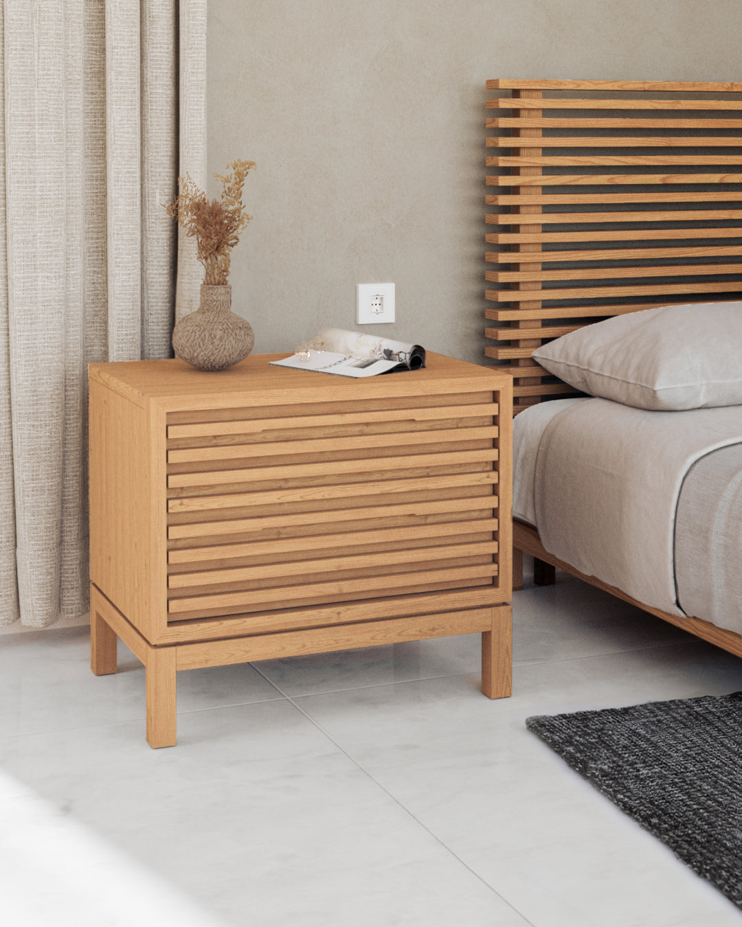 TANNER TWO DRAWER ASH WOOD NIGHTSTAND IN FLAXEN Scandinavisch-Japanse Elegantie – Tijdloos Nachtkastje in Essenhout
