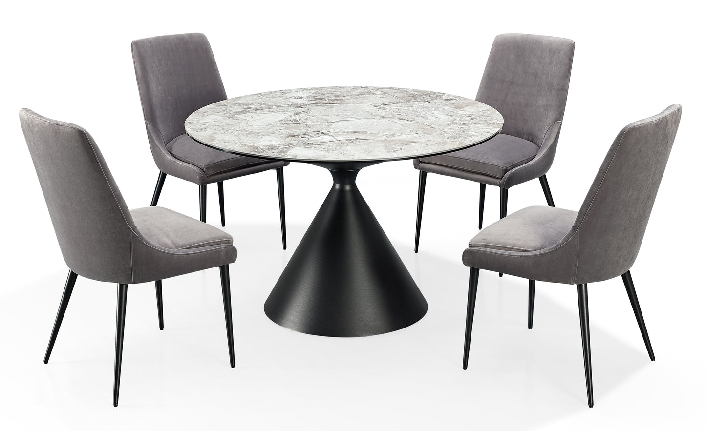 WINSTON STONE TOP METAL BASE ROUND DINING TABLE IN GRIGIO Stijlvol Tafelen met Karakter – Ronde Eettafel van Sintersteen en Staal