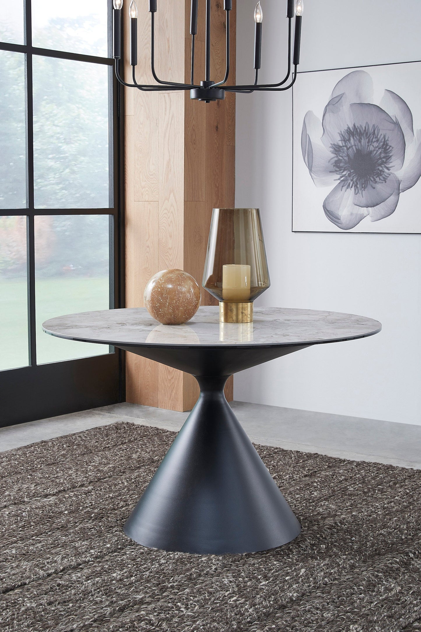 WINSTON STONE TOP METAL BASE ROUND DINING TABLE IN GRIGIO Stijlvol Tafelen met Karakter – Ronde Eettafel van Sintersteen en Staal