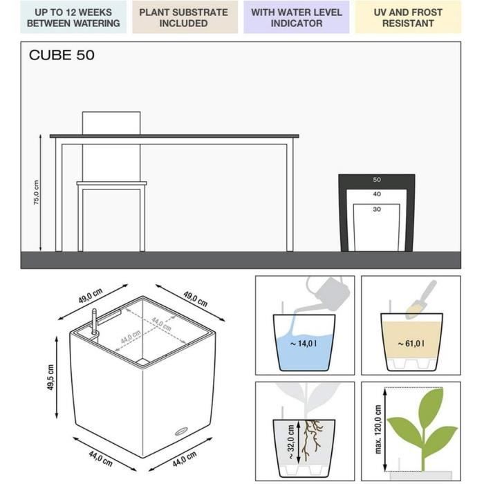 LECHUZA Cube Premium 50 bloempot - complete set, glanzend taupe