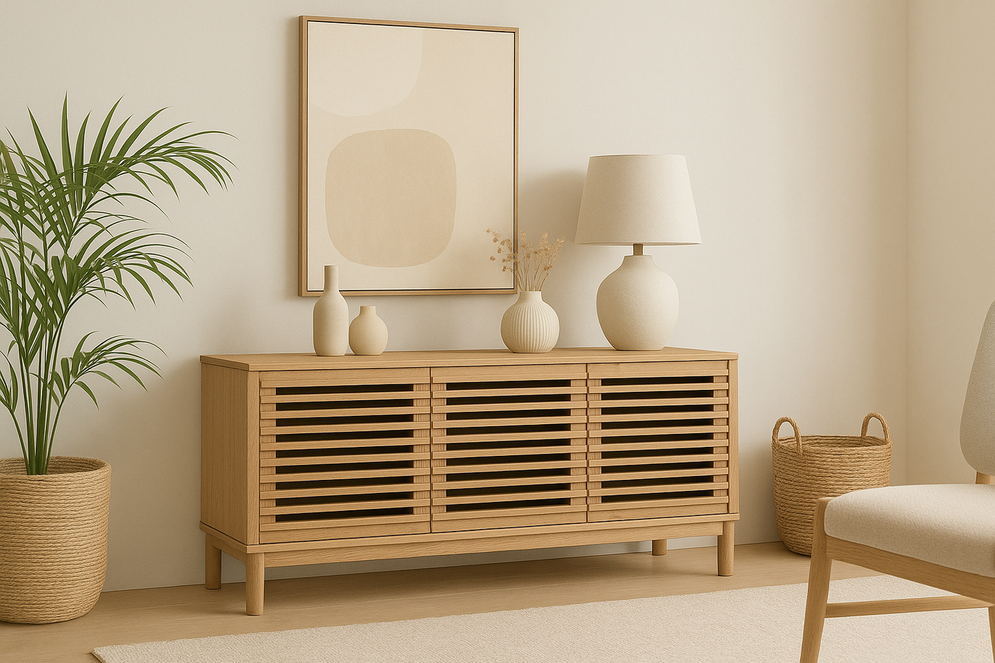 TANNER THREE DOOR MEDIA CONSOLE IN FLAXEN Japandi Stijl met Praktisch Design – Rustgevende Mediakast in Essenhout