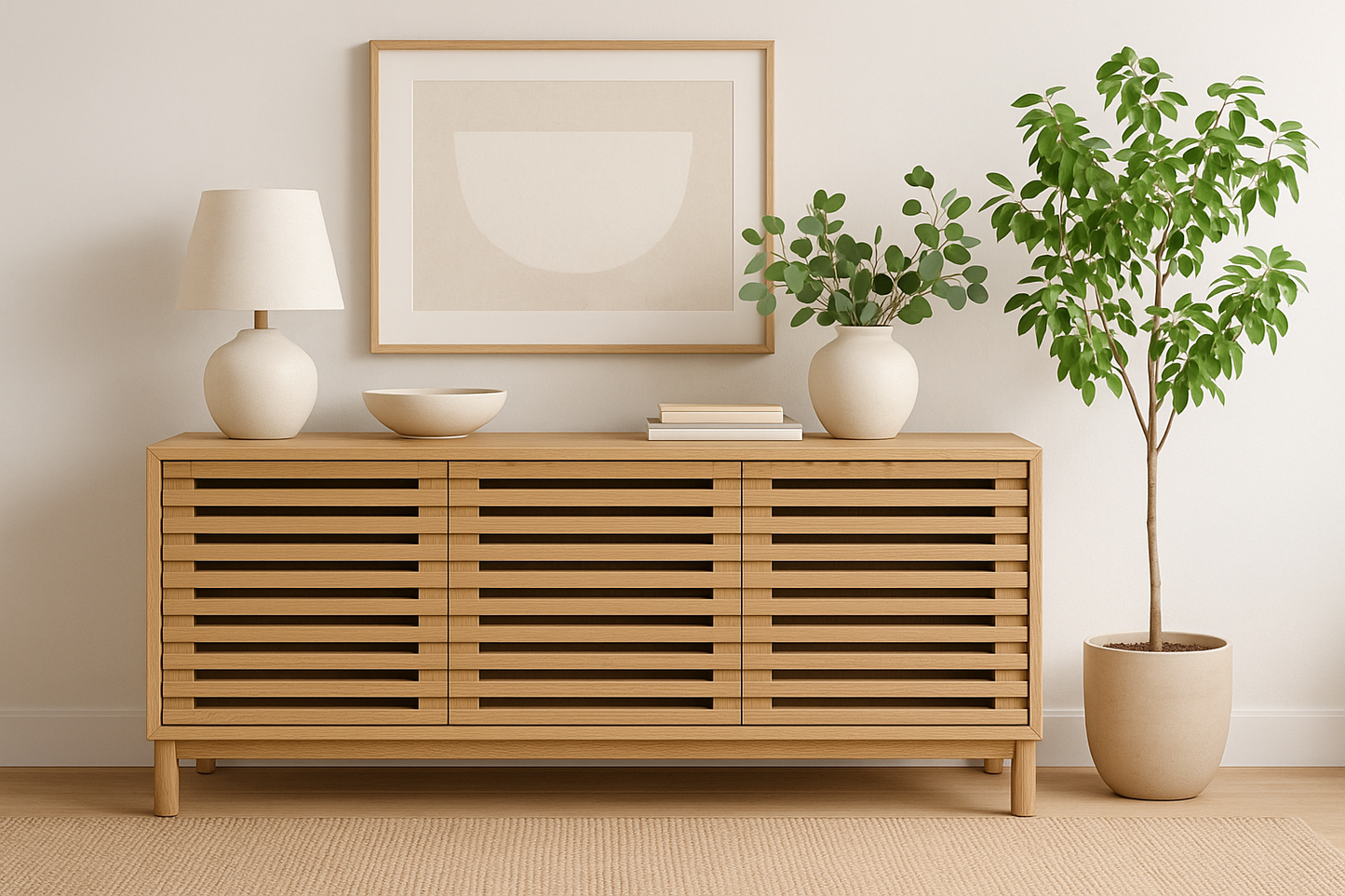 TANNER THREE DOOR MEDIA CONSOLE IN FLAXEN Japandi Stijl met Praktisch Design – Rustgevende Mediakast in Essenhout