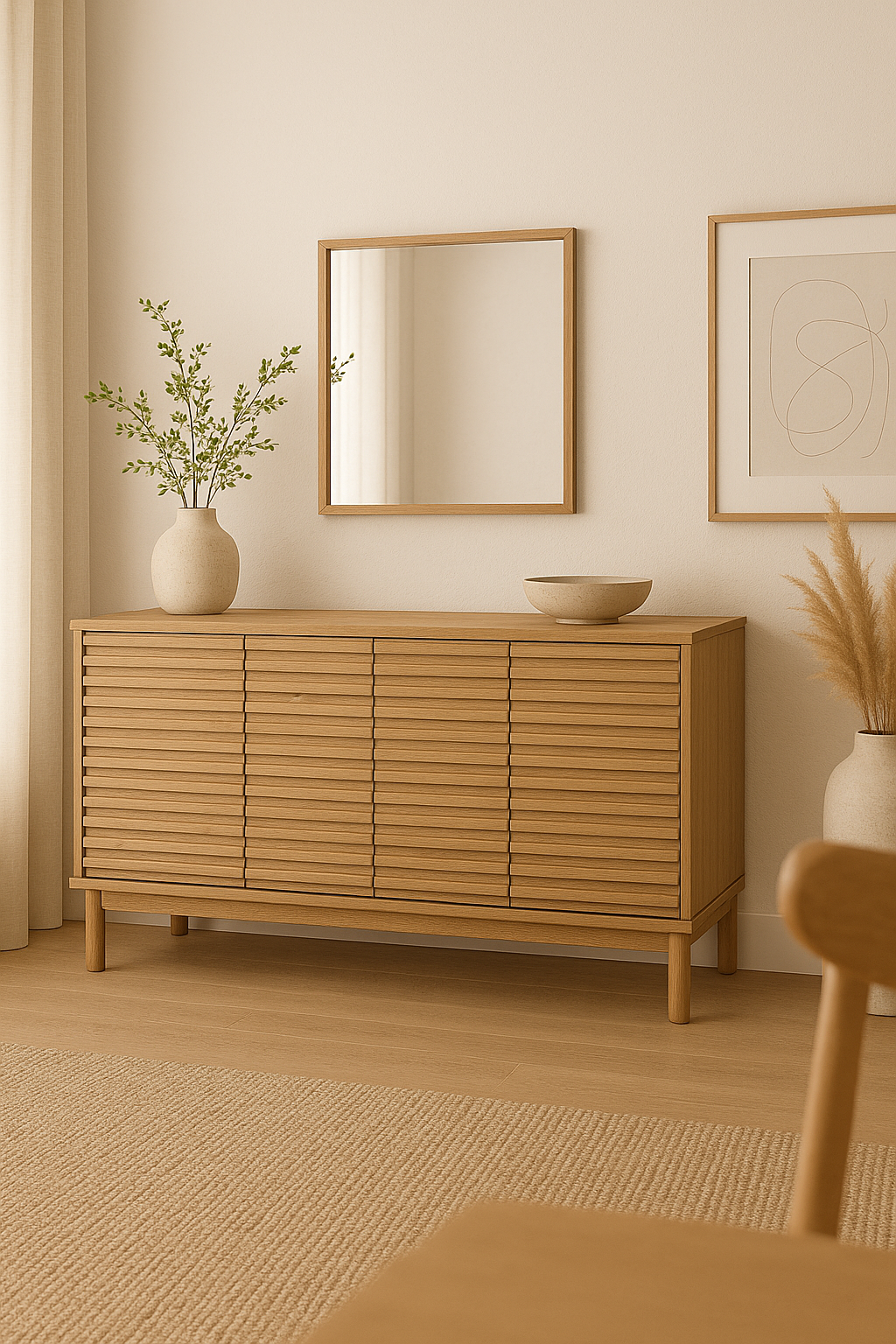 TANNER FOUR DOOR SIDEBOARD IN FLAXEN Japandi Design met Functionaliteit – Serene Opbergkast in Licht Essenhout