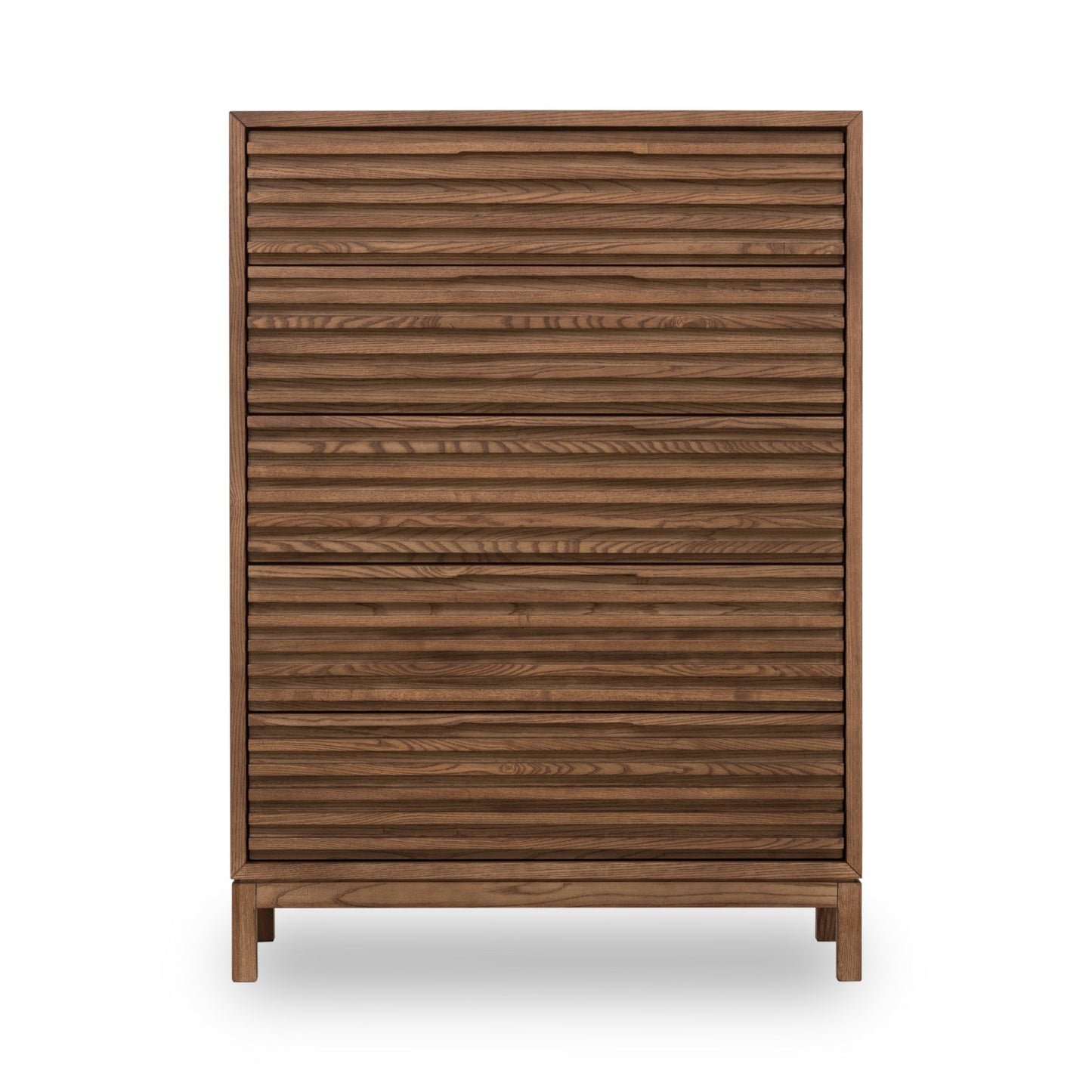 TANNER FIVE DRAWER ASH WOOD CHEST IN ROUX Japandi Vormgeving met Functionele Luxe – Hoogwaardige Ladekast in Warm Essenhout