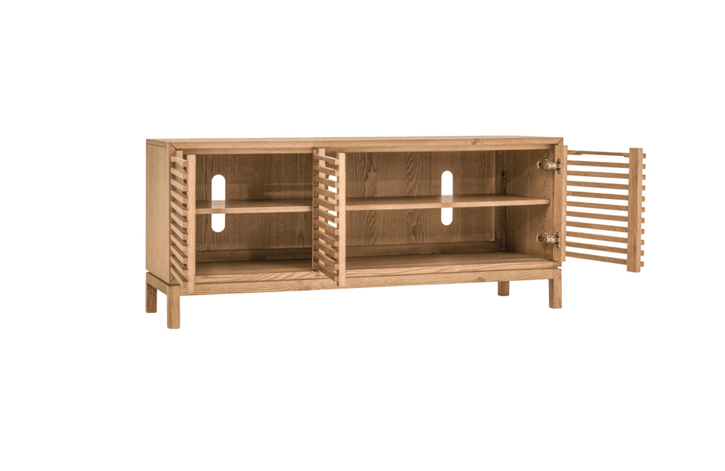TANNER THREE DOOR MEDIA CONSOLE IN FLAXEN Japandi Stijl met Praktisch Design – Rustgevende Mediakast in Essenhout