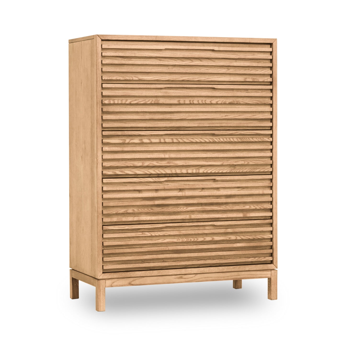 TANNER FIVE DRAWER ASH WOOD CHEST IN FLAXEN Japandi Kalme Stijl – Elegante Hoogkast in Massief Essenhout