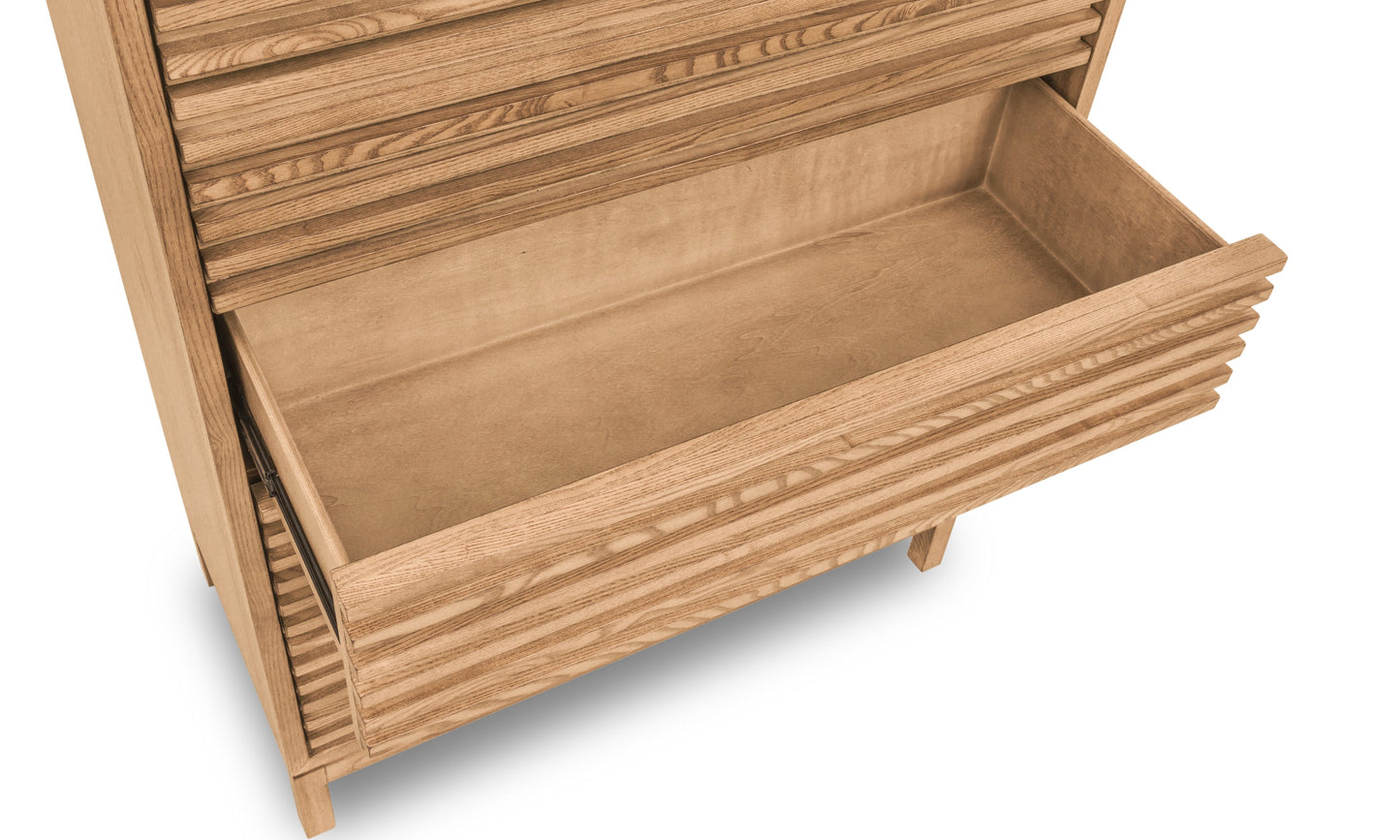 TANNER FIVE DRAWER ASH WOOD CHEST IN FLAXEN Japandi Kalme Stijl – Elegante Hoogkast in Massief Essenhout