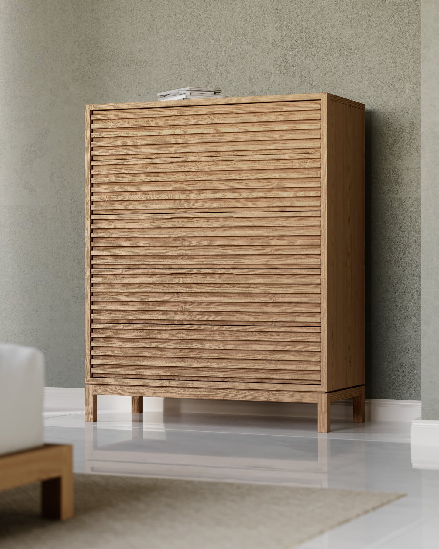 TANNER FIVE DRAWER ASH WOOD CHEST IN FLAXEN Japandi Kalme Stijl – Elegante Hoogkast in Massief Essenhout