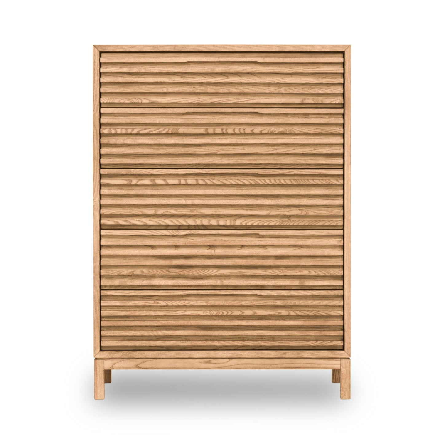 TANNER FIVE DRAWER ASH WOOD CHEST IN FLAXEN Japandi Kalme Stijl – Elegante Hoogkast in Massief Essenhout