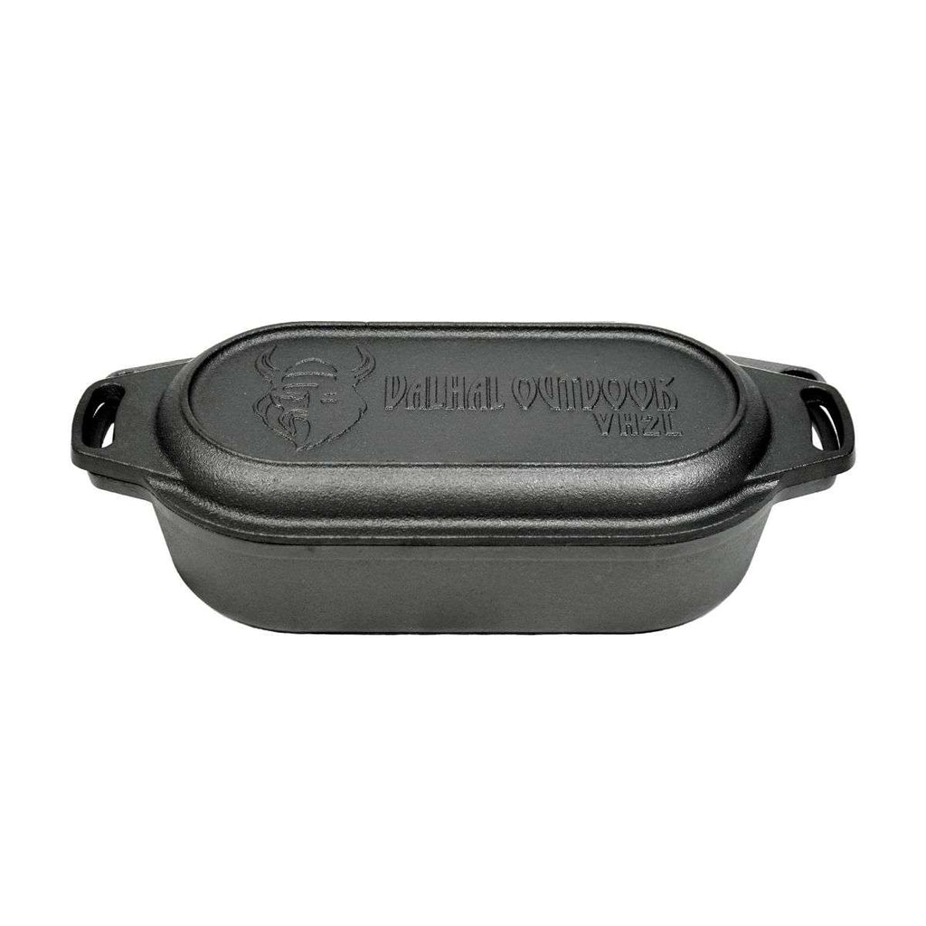 Valhal Outdoor Dutch Oven – Gietijzeren Braadpan met Grilldeksel (Ovaal, 2 Liter)