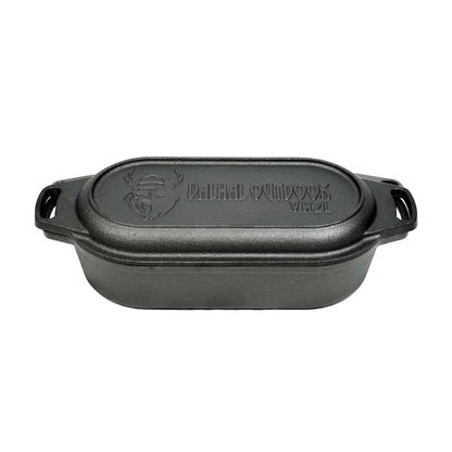 Valhal Outdoor Dutch Oven – Gietijzeren Braadpan met Grilldeksel (Ovaal, 2 Liter)