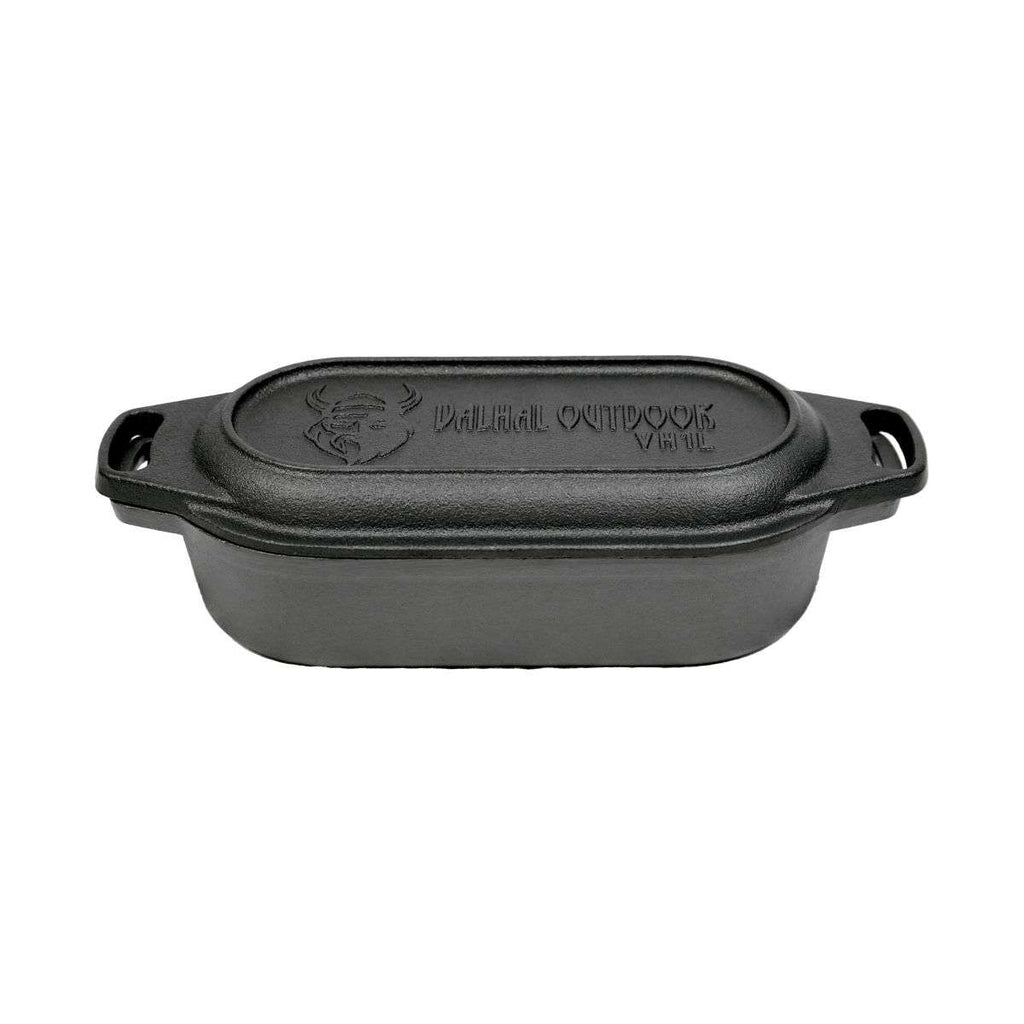 Valhal Outdoor Dutch Oven – Gietijzeren Braadpan met Grilldeksel (Ovaal, 1 Liter)