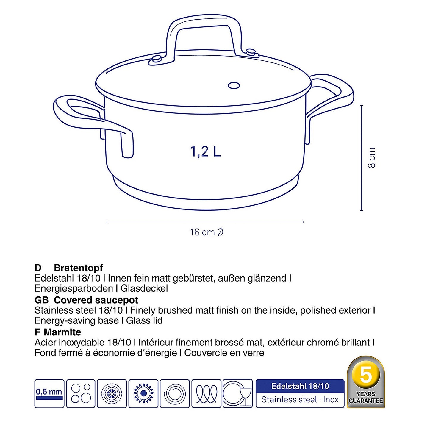 FLAVORIA RVS Steelpan – Stijlvol, functioneel en energie-efficiënt, 1,2 L (Ø 16 cm)