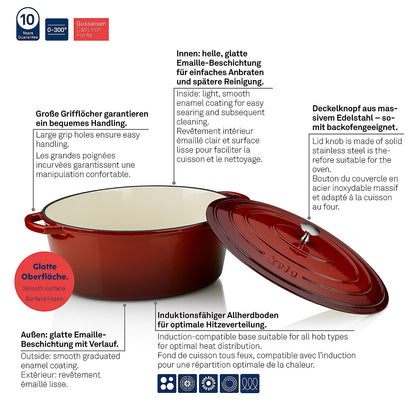 KELA Calido Ovale Braadpan 33 × 26 cm (6,0 L) – Luxe gietijzer in opvallend rood met beige geëmailleerde binnenzijde