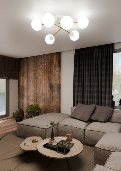 MAGNUM 6 – Luxueuze plafondlamp met glazen kappen en goudkleurig frame voor moderne elegantie