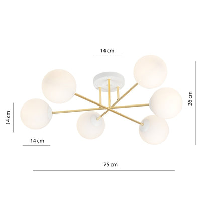 MAGNUM 6 – Luxueuze plafondlamp met glazen kappen en goudkleurig frame voor moderne elegantie
