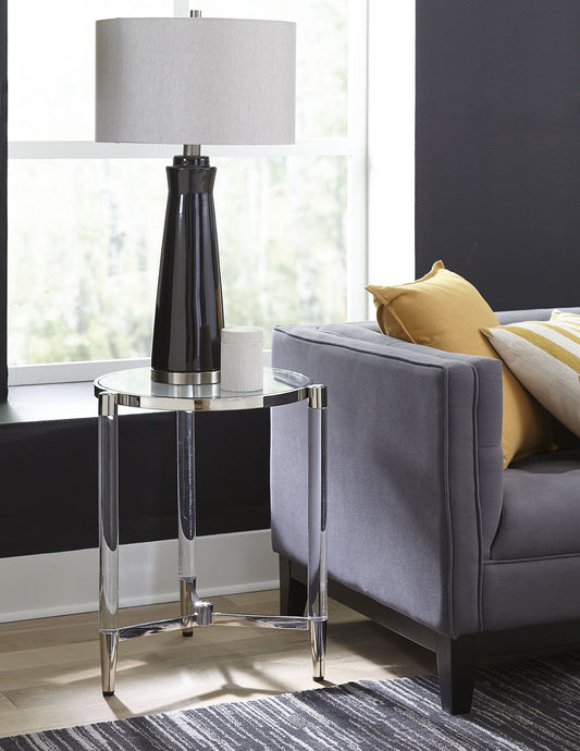 MARILYN GLASS ACRYLIC AND POLISHED STAINLESS STEEL END TABLE Franse Art Deco Glamour – Luxe Bijzettafel met Glazen Blad en Acryl Accenten