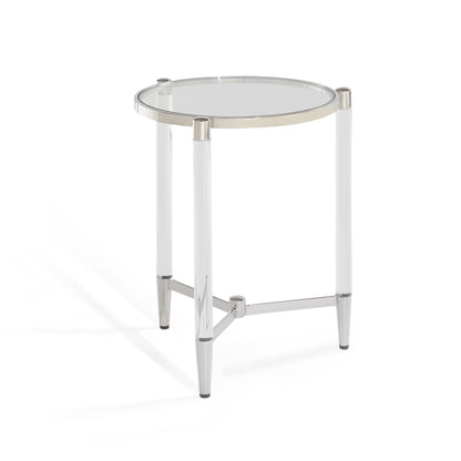 MARILYN GLASS ACRYLIC AND POLISHED STAINLESS STEEL END TABLE Franse Art Deco Glamour – Luxe Bijzettafel met Glazen Blad en Acryl Accenten