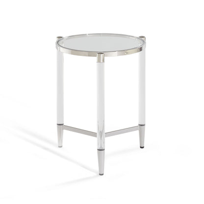 MARILYN GLASS ACRYLIC AND POLISHED STAINLESS STEEL END TABLE Franse Art Deco Glamour – Luxe Bijzettafel met Glazen Blad en Acryl Accenten