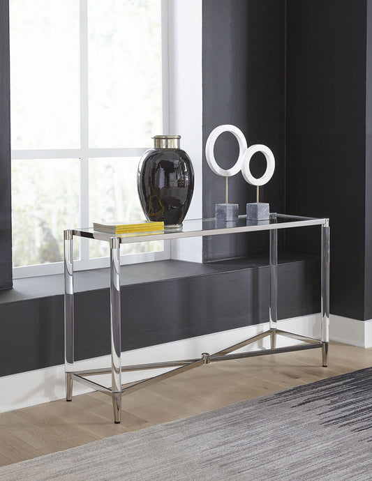 MARILYN GLASS ACRYLIC AND POLISHED STAINLESS STEEL CONSOLE TABLE Franse Art Deco Klasse – Slanke Console met Glans en Transparantie