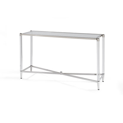 MARILYN GLASS ACRYLIC AND POLISHED STAINLESS STEEL CONSOLE TABLE Franse Art Deco Klasse – Slanke Console met Glans en Transparantie