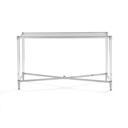 MARILYN GLASS ACRYLIC AND POLISHED STAINLESS STEEL CONSOLE TABLE Franse Art Deco Klasse – Slanke Console met Glans en Transparantie