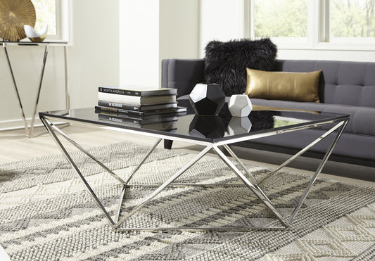 ARIA SMOKED GLASS AND POLISHED STAINLESS STEEL COFFEE TABLE Geometrische Glamour – Luxe Salontafel met Roestvrij Staal en Gerookt Glas