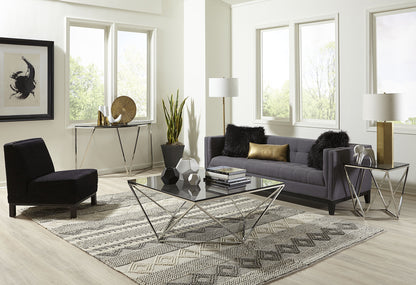 ARIA SMOKED GLASS AND POLISHED STAINLESS STEEL COFFEE TABLE Geometrische Glamour – Luxe Salontafel met Roestvrij Staal en Gerookt Glas