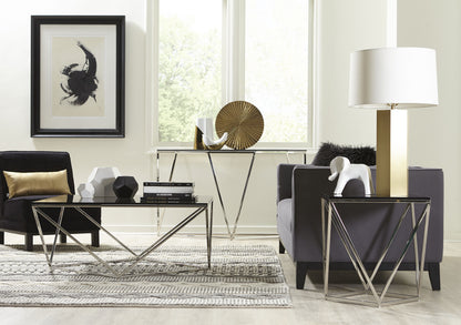 ARIA SMOKED GLASS AND POLISHED STAINLESS STEEL COFFEE TABLE Geometrische Glamour – Luxe Salontafel met Roestvrij Staal en Gerookt Glas