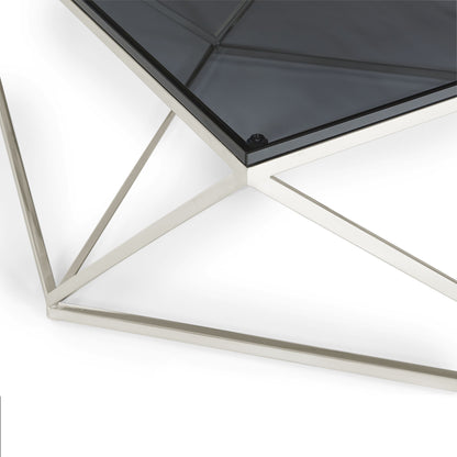 ARIA SMOKED GLASS AND POLISHED STAINLESS STEEL COFFEE TABLE Geometrische Glamour – Luxe Salontafel met Roestvrij Staal en Gerookt Glas