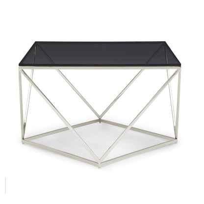 ARIA SMOKED GLASS AND POLISHED STAINLESS STEEL COFFEE TABLE Geometrische Glamour – Luxe Salontafel met Roestvrij Staal en Gerookt Glas