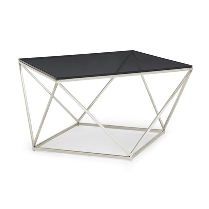 ARIA SMOKED GLASS AND POLISHED STAINLESS STEEL COFFEE TABLE Geometrische Glamour – Luxe Salontafel met Roestvrij Staal en Gerookt Glas