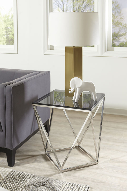 ARIA SMOKED GLASS AND POLISHED STAINLESS STEEL END TABLE Geometrische Glamour – Bijzettafel met Gerookt Glas en Glanzend Roestvrij Staal