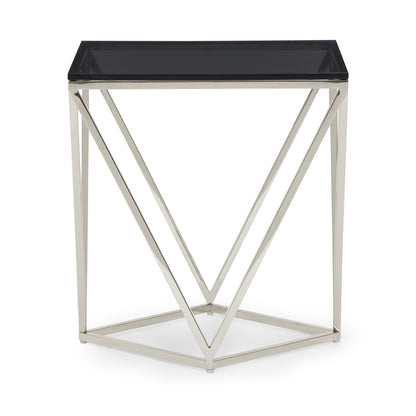 ARIA SMOKED GLASS AND POLISHED STAINLESS STEEL END TABLE Geometrische Glamour – Bijzettafel met Gerookt Glas en Glanzend Roestvrij Staal