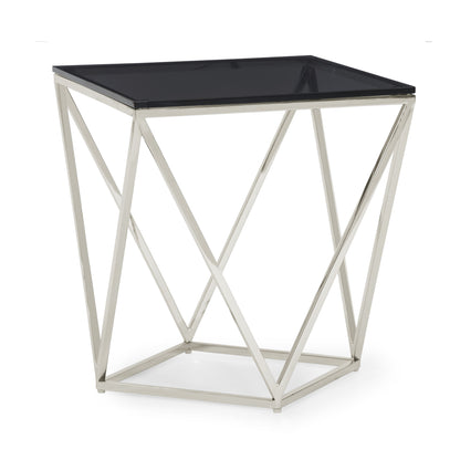 ARIA SMOKED GLASS AND POLISHED STAINLESS STEEL END TABLE Geometrische Glamour – Bijzettafel met Gerookt Glas en Glanzend Roestvrij Staal