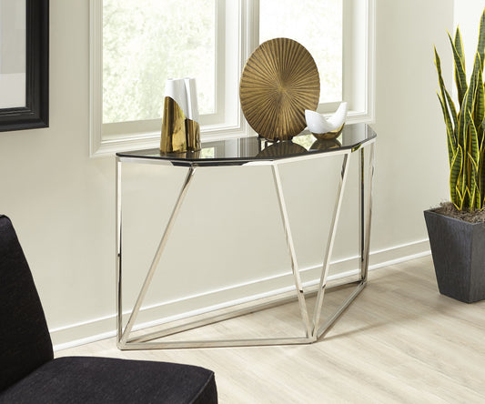 ARIA SMOKED GLASS AND POLISHED STAINLESS STEEL CONSOLE TABLE Geometrische Glamour – Slanke Console van Gerookt Glas en Glanzend Roestvrij Staal