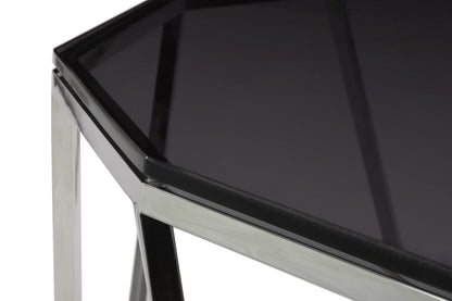 ARIA SMOKED GLASS AND POLISHED STAINLESS STEEL END TABLE Geometrische Glamour – Bijzettafel met Gerookt Glas en Glanzend Roestvrij Staal