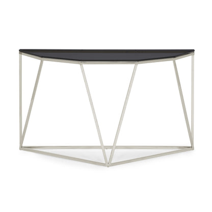 ARIA SMOKED GLASS AND POLISHED STAINLESS STEEL CONSOLE TABLE Geometrische Glamour – Slanke Console van Gerookt Glas en Glanzend Roestvrij Staal
