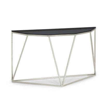 ARIA SMOKED GLASS AND POLISHED STAINLESS STEEL CONSOLE TABLE Geometrische Glamour – Slanke Console van Gerookt Glas en Glanzend Roestvrij Staal