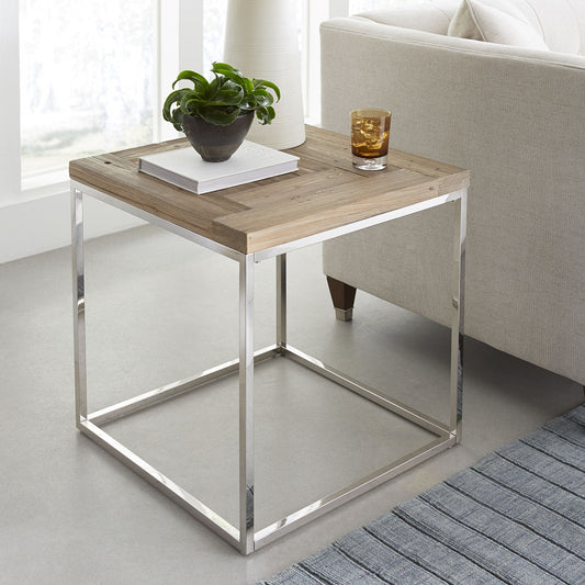 ACE RECLAIMED FIR AND POLISHED STAINLESS STEEL END TABLE Rustieke Warmte & Moderne Glans – Bijzettafel met Visgraatpatroon en RVS Basis
