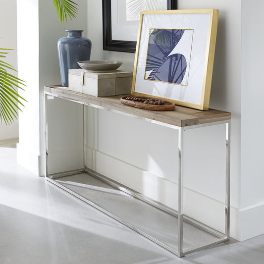 ACE RECLAIMED FIR AND POLISHED STAINLESS STEEL CONSOLE TABLE Rustiek Ontmoet Modern – Consoletafel met Visgraatpatroon en RVS Basis