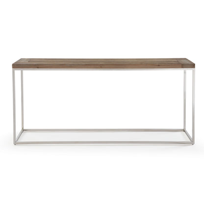 ACE RECLAIMED FIR AND POLISHED STAINLESS STEEL CONSOLE TABLE Rustiek Ontmoet Modern – Consoletafel met Visgraatpatroon en RVS Basis