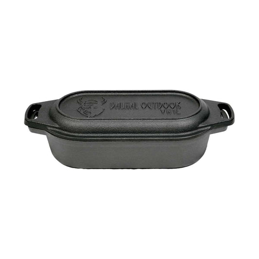 Valhal Outdoor Dutch Oven – Gietijzeren Braadpan met Grilldeksel (Ovaal, 1 Liter)