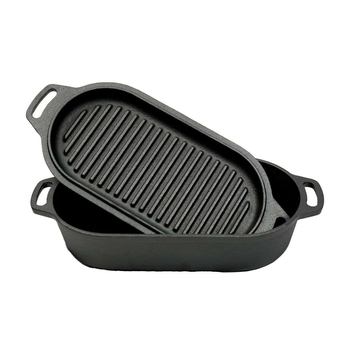 Valhal Outdoor Dutch Oven – Gietijzeren Braadpan met Grilldeksel (Ovaal, 2 Liter)