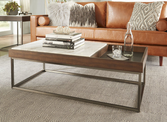 ENNIS COFFEE TABLE IN BROWN SABLE Moderne Klasse – Salontafel met Jazz Marmer, Walnootfineer en Dubbel Tafelblad